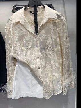 ZARA FEATHER EMBROIDERED SHIRT ECRU 2461/812/712 SMALL S VIRAL BLOGGER NEW NWT